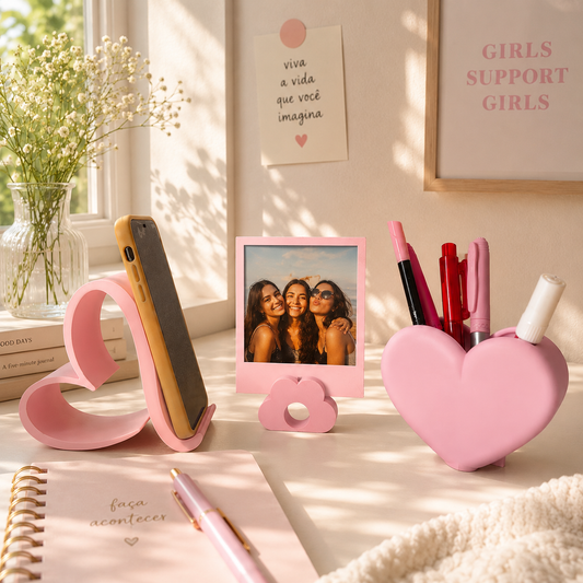 Kit Organizador de Mesa 3 em 1 – Suporte para Celular, Porta-Foto Polaroide e Porta-Lápis Decorativo