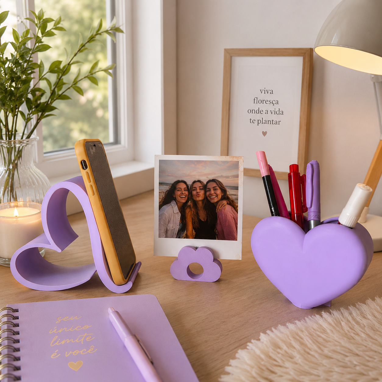 Kit Organizador de Mesa 3 em 1 – Suporte para Celular, Porta-Foto Polaroide e Porta-Lápis Decorativo