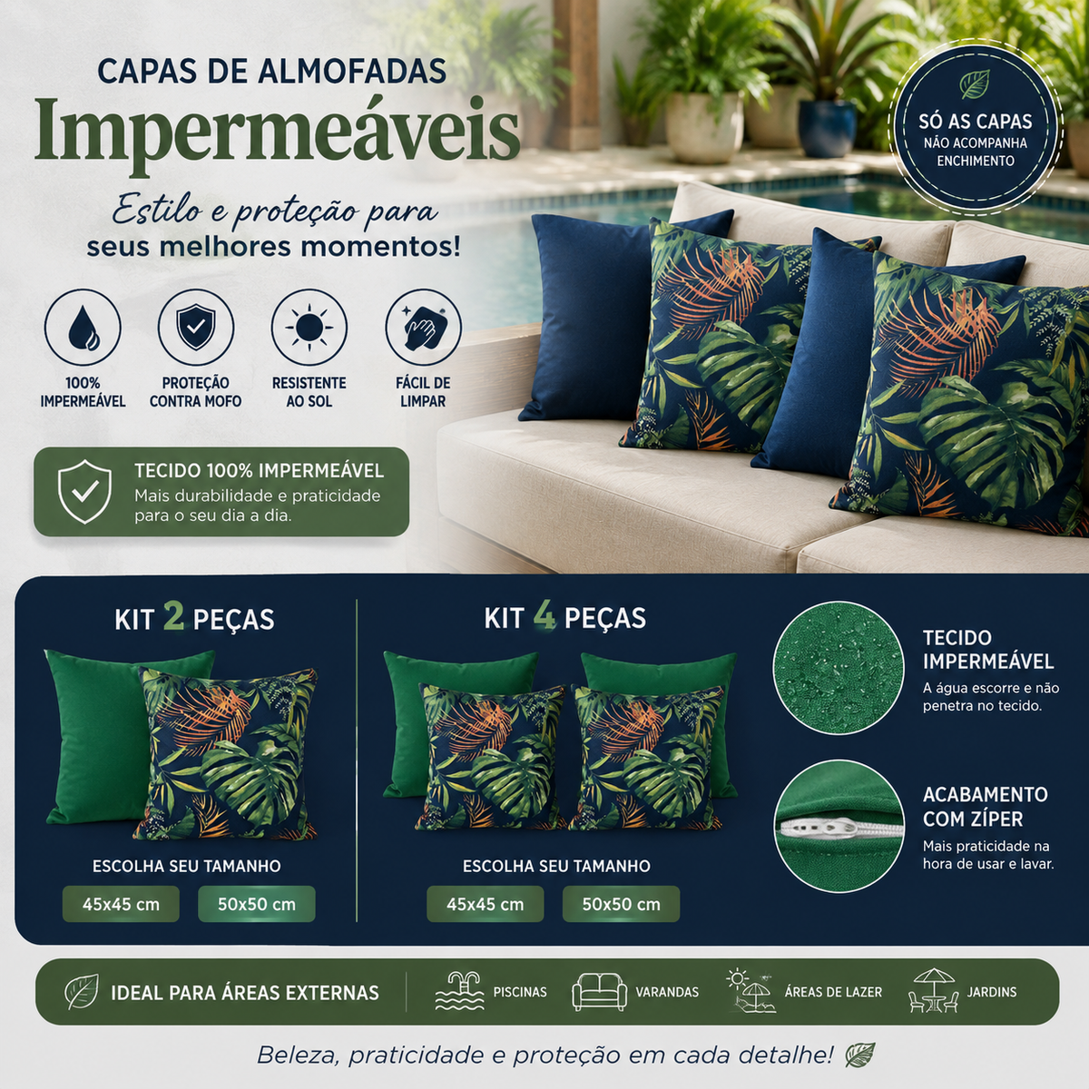 Kit 4 Capas de Almofadas Impermeáveis para Área Externa 45x45 ou 50x50 – Varanda, Piscina e Área Gourmet